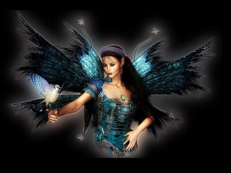 Woman with Blue Wings — Dramatic, Digital Art, Bird