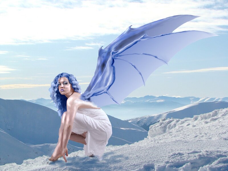 Woman with Blue Wings — Dramatic, Winter