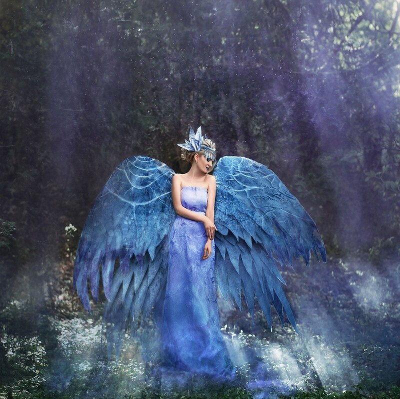 Woman with Blue Wings — Mystical, Digital Art, Dress