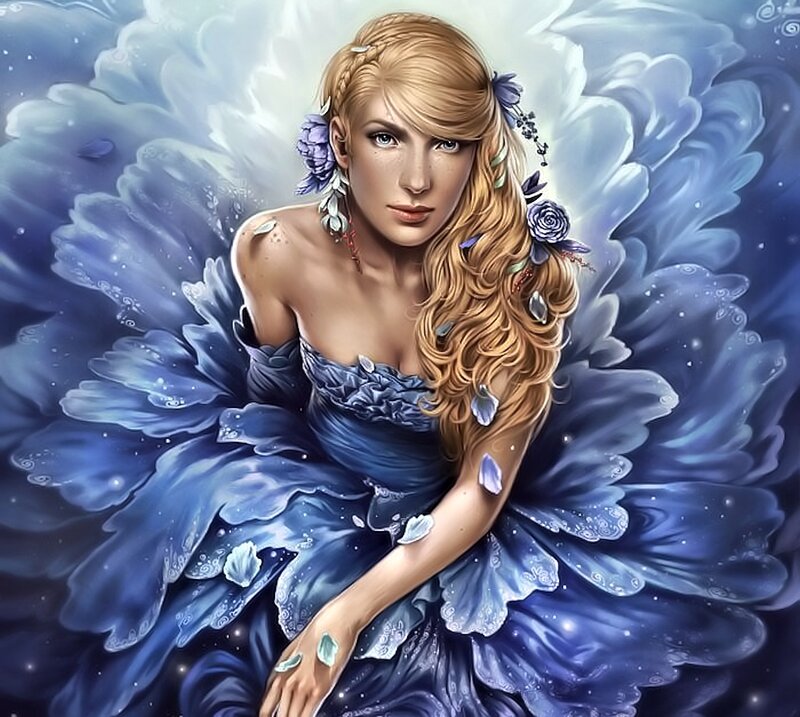 Woman with Blue Wings — Serene, Digital Art, Flowers