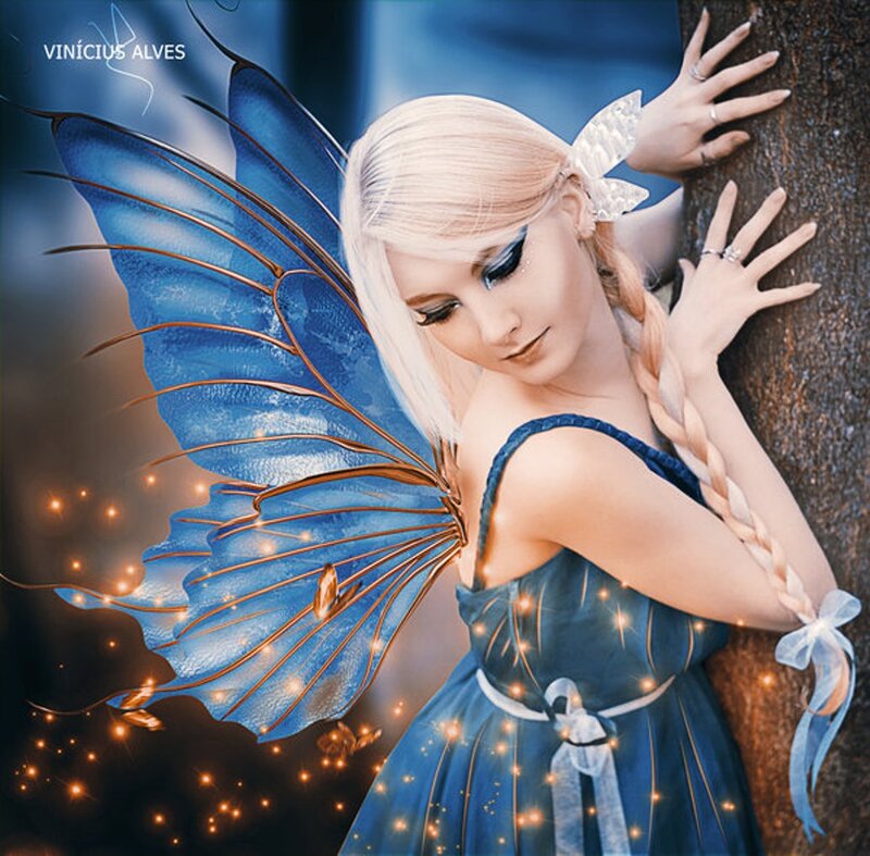 Woman with Blue Wings — Serene, Digital Art, Tree