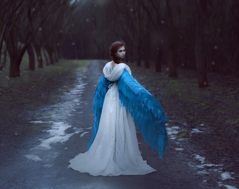 Woman with Blue Wings — White