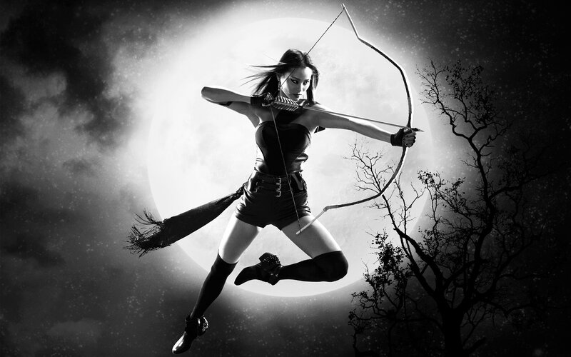 Woman with Bow and Arrow — Black, Dramatic, Night, Photograph