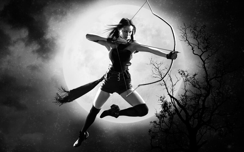 Woman with Bow and Arrow — Black, Dramatic, Night