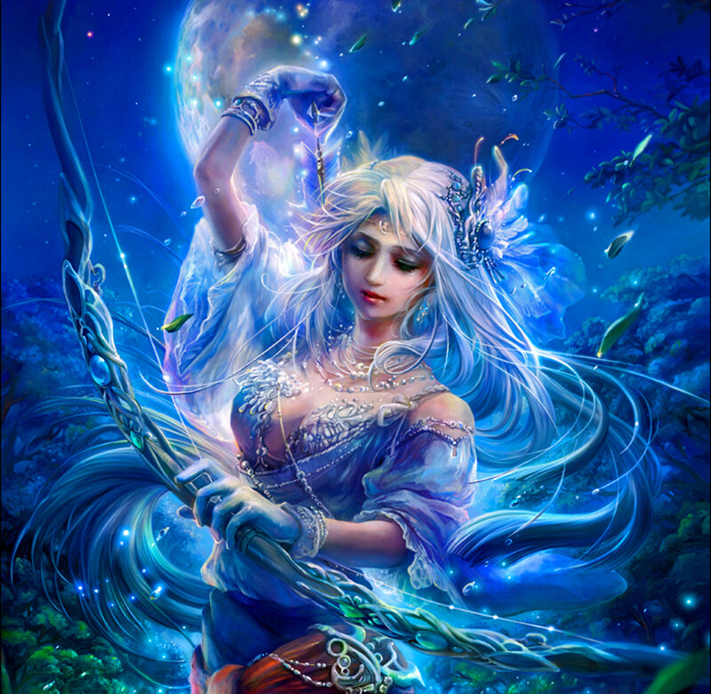 Woman with Bow and Arrow — Blue, Dramatic, Night