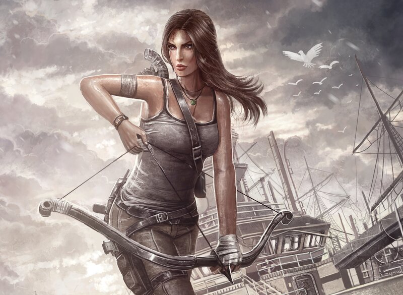 Woman with Bow and Arrow — Gray, Dramatic, Digital Art, Shipwreck