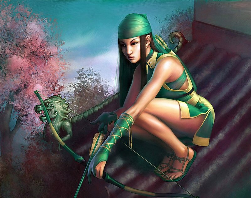 Woman with Bow and Arrow — Green, Dramatic, Spring