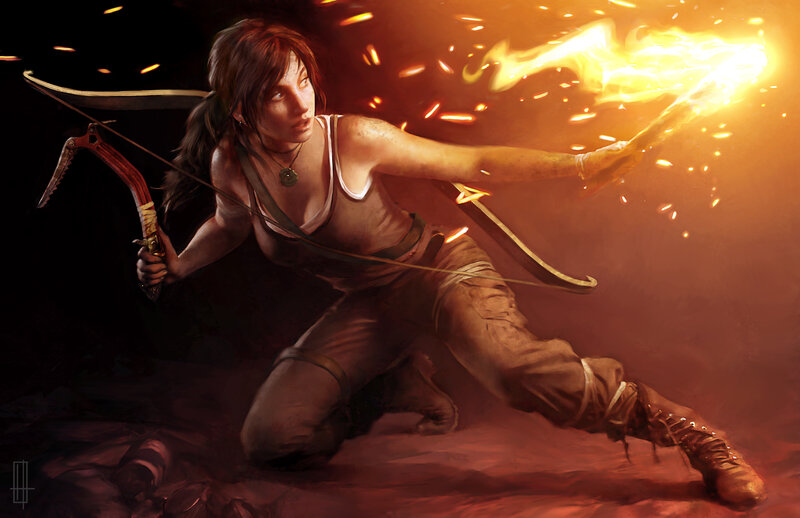 Woman with Bow and Arrow — Orange, Dramatic, Digital Art