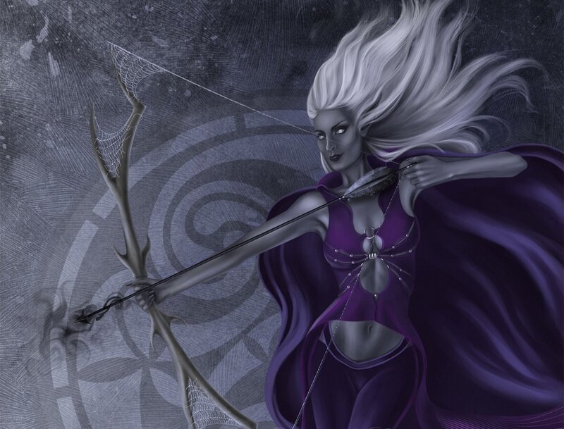 Woman with Bow and Arrow — Purple, Dramatic, Digital Art
