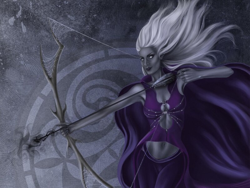 Woman with Bow and Arrow — Purple, Dramatic, Night