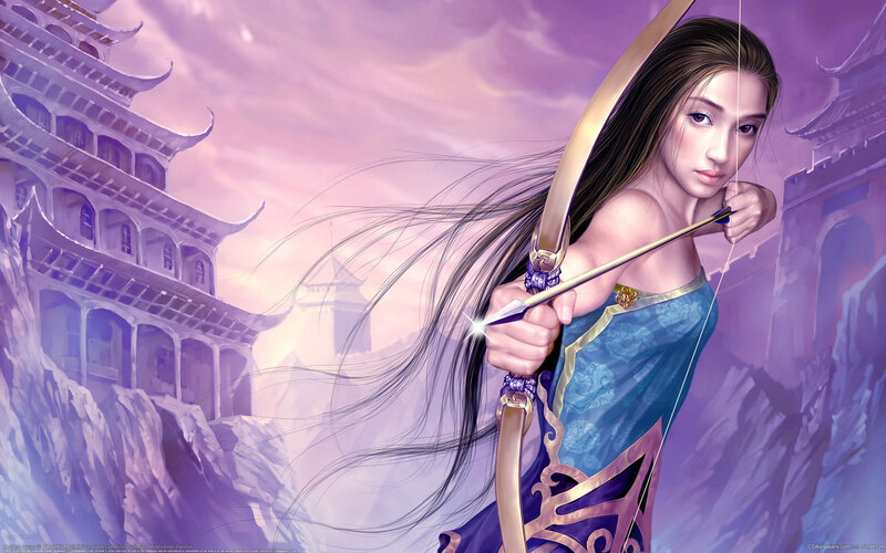 Woman with Bow and Arrow — Purple, Dramatic, Sunset
