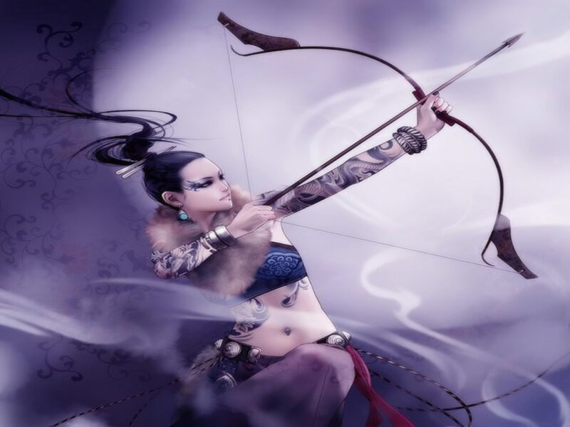 Woman with Bow and Arrow — Purple, Dramatic