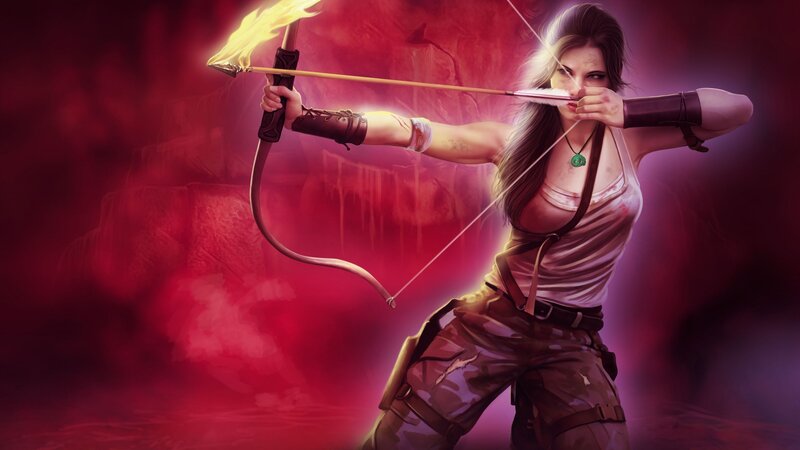 Woman with Bow and Arrow — Red, Dramatic, Digital Art, Flame