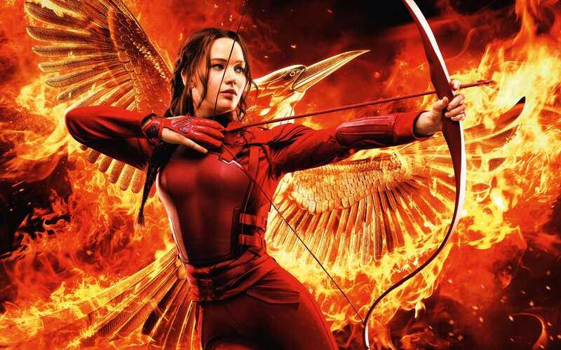 Woman with Bow and Arrow — Red, Dramatic, Digital Art, Flames