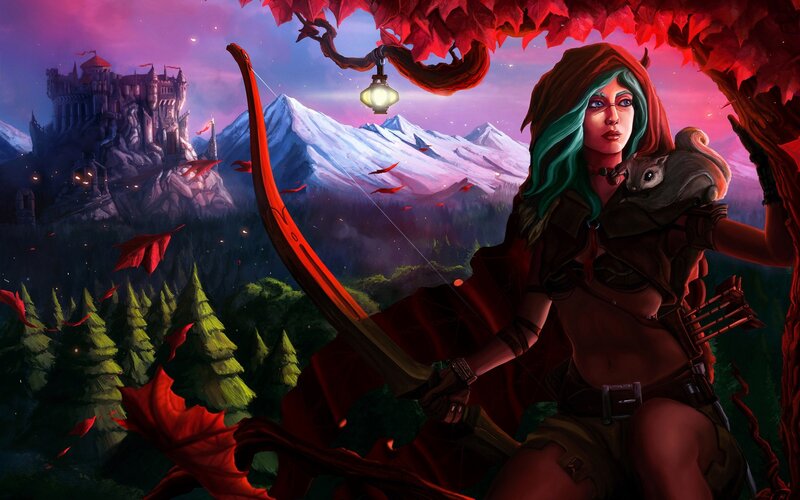 Woman with Bow and Arrow — Red, Dramatic, Night, Digital Art, Squirrel
