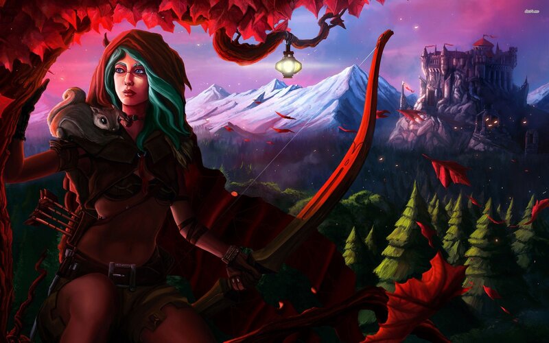 Woman with Bow and Arrow — Red, Dramatic, Night, Digital Art