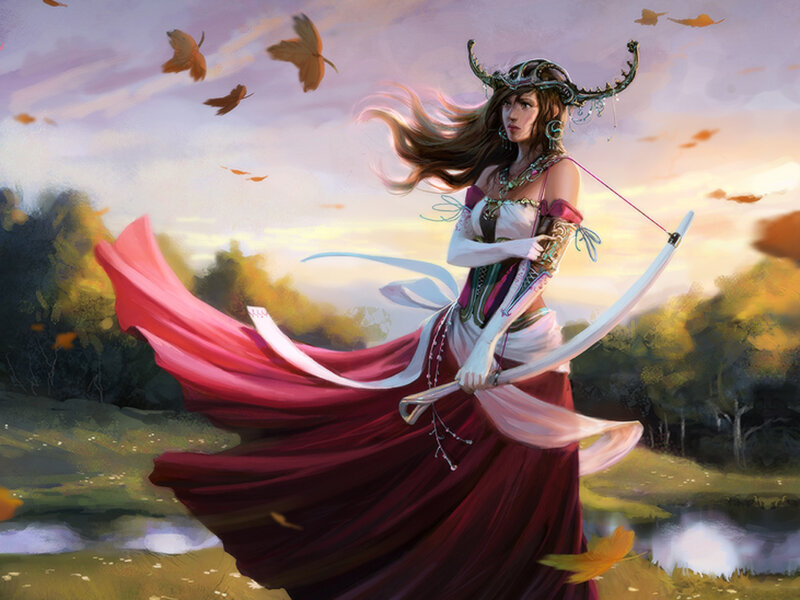 Woman with Bow and Arrow — Red, Dramatic, Sunset
