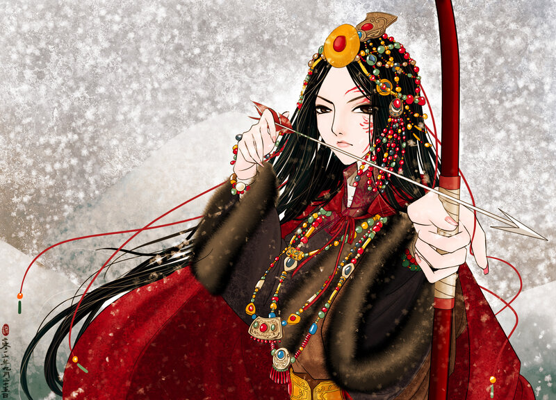 Woman with Bow and Arrow — Red, Dramatic, Winter