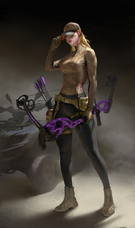 Woman with Bow and Arrows — Brown, Dramatic, Digital Art
