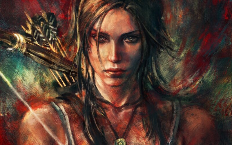 Woman with Bow and Arrows — Red, Dramatic, Digital Art