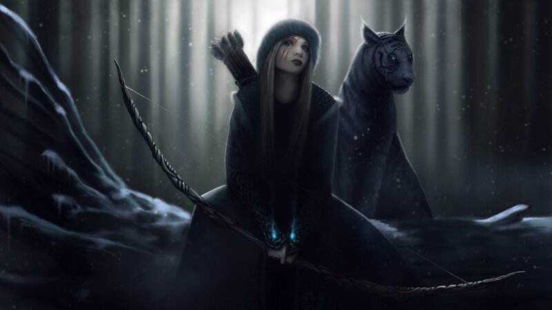 Woman with bow and black tiger