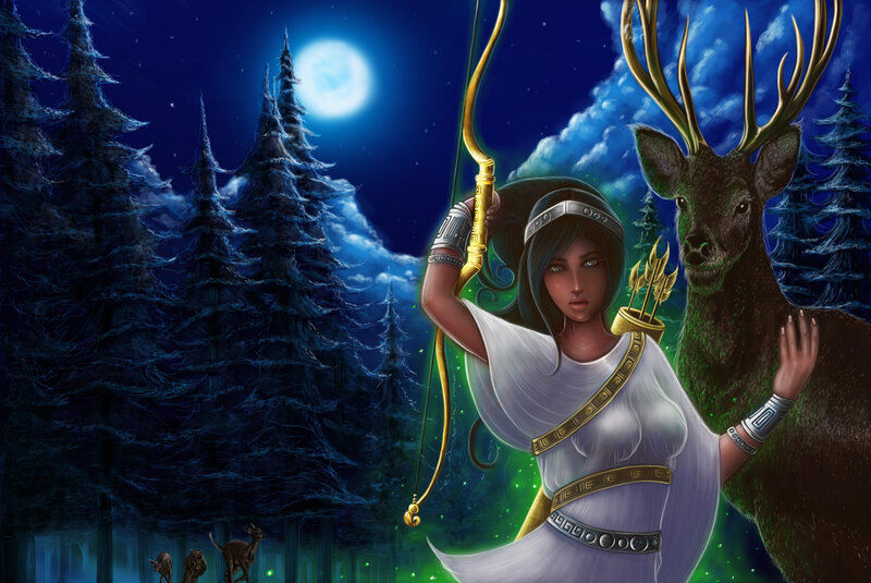 Woman with Bow and Deer — Blue