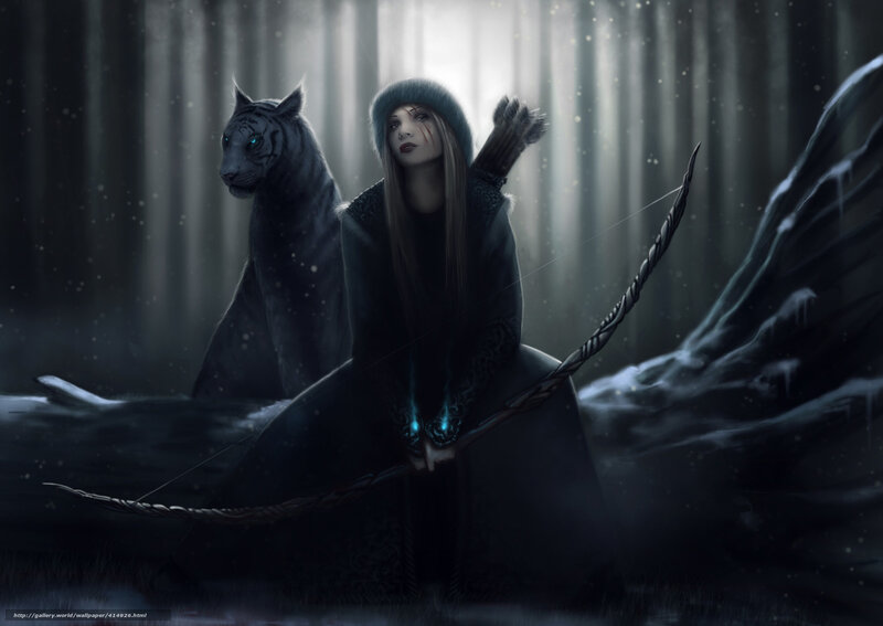 Woman with Bow and Tiger — Black, Dramatic, Night, Digital Art