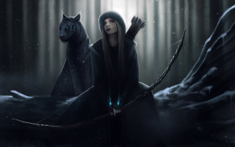 Woman with Bow and Tiger — Black, Dramatic, Night