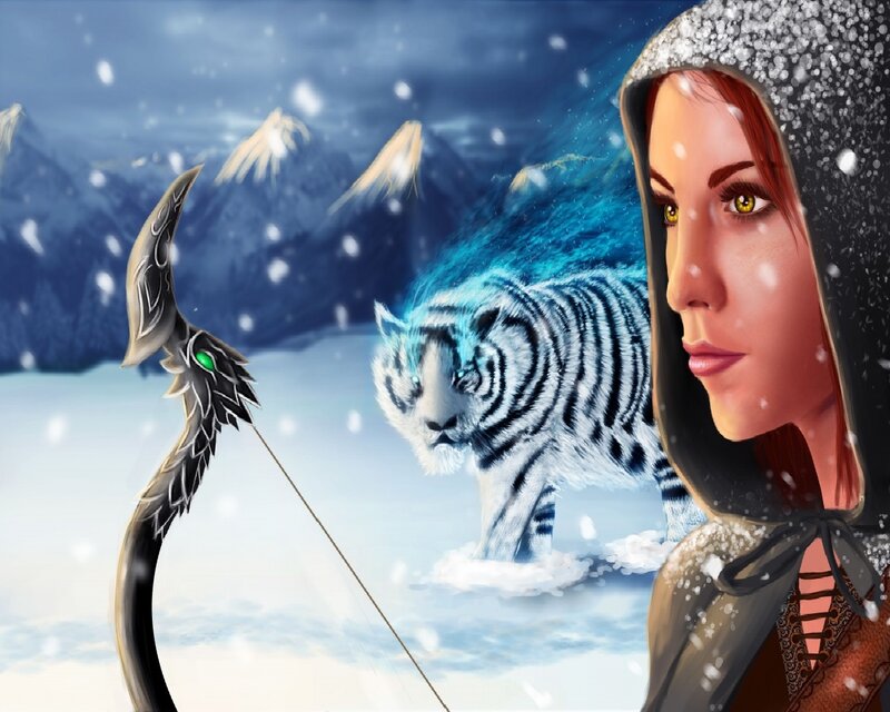 Woman with Bow and Tiger — Blue