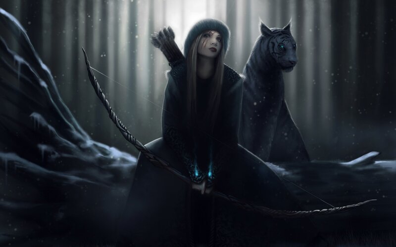 Woman with Bow and White Tiger — Black, Dramatic