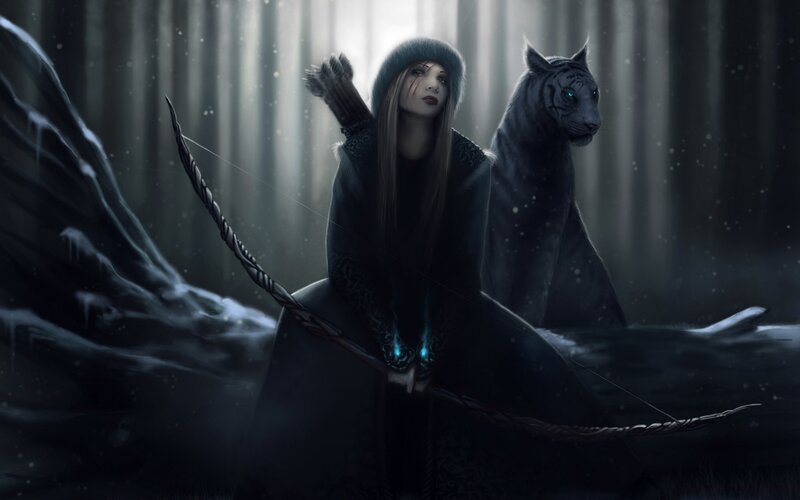 Woman with Bow and White Tiger — Black