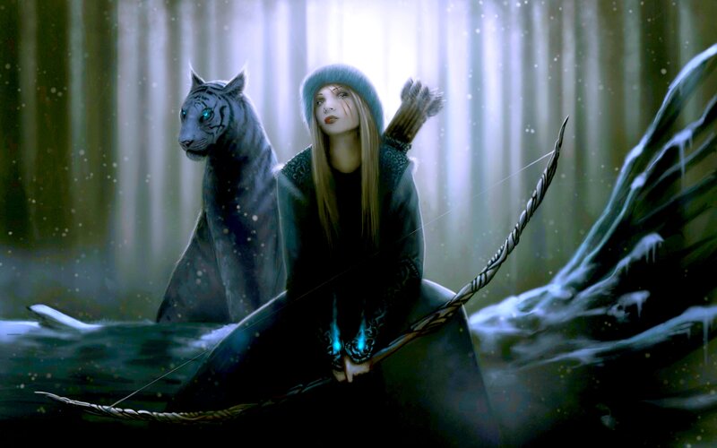 Woman with Bow and White Tiger — Blue