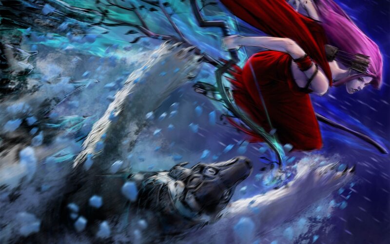 Woman with Bow and Wolf — Blue, Dramatic