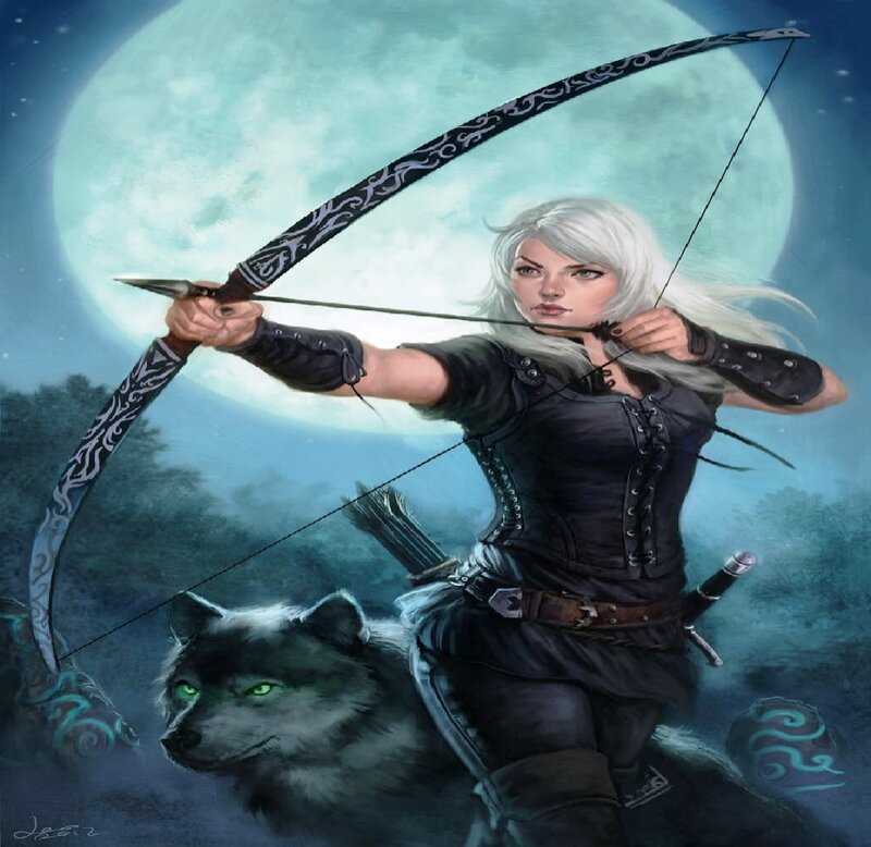 Woman with Bow and Wolf — Blue