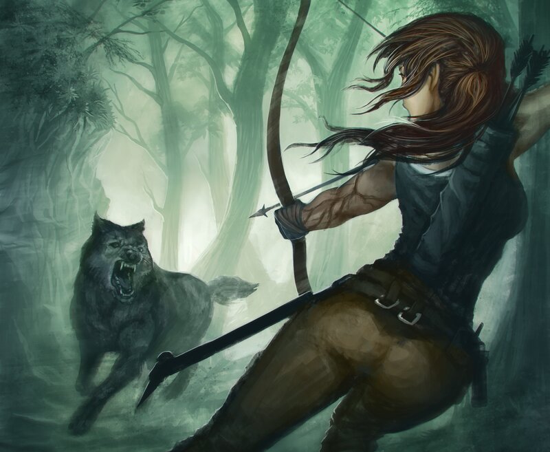 Woman with Bow and Wolf — Green