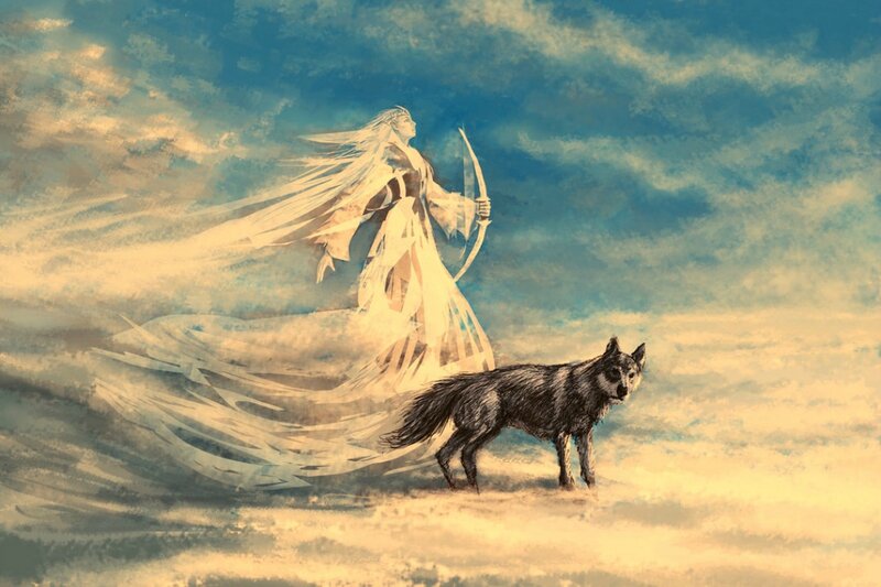 Woman with Bow and Wolf