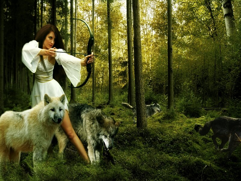 Woman with Bow and Wolves