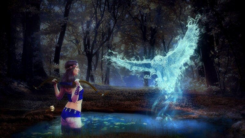 Woman with Bow in Forest — Blue, Mystical