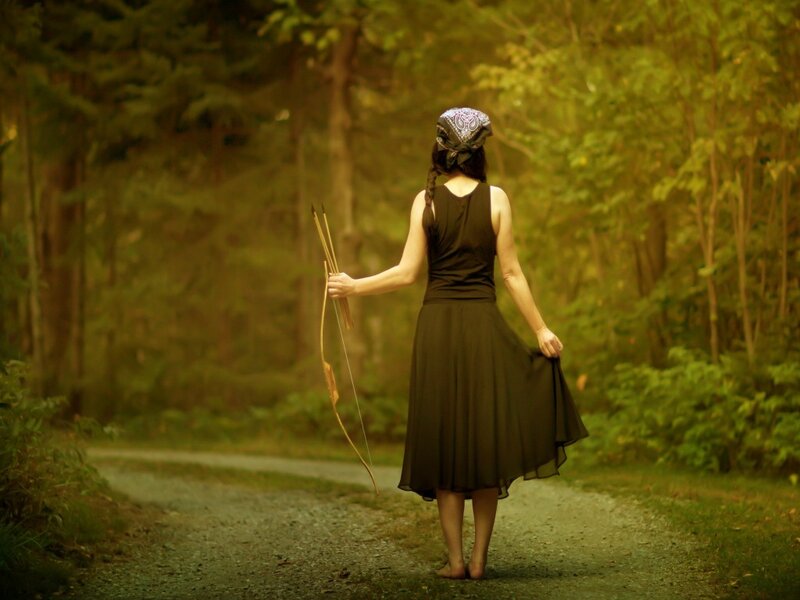 Woman with Bow in Forest — Green, Serene