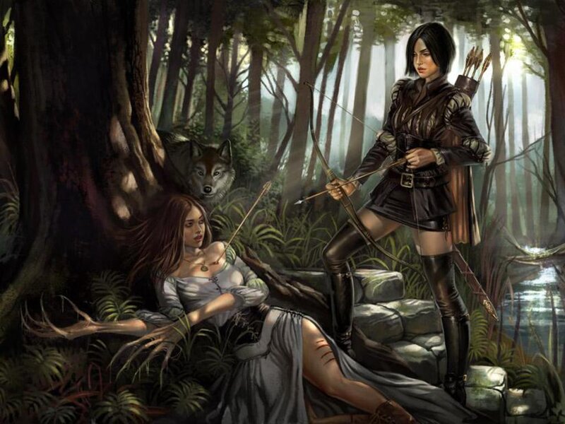 Woman with Bow in Forest — Green