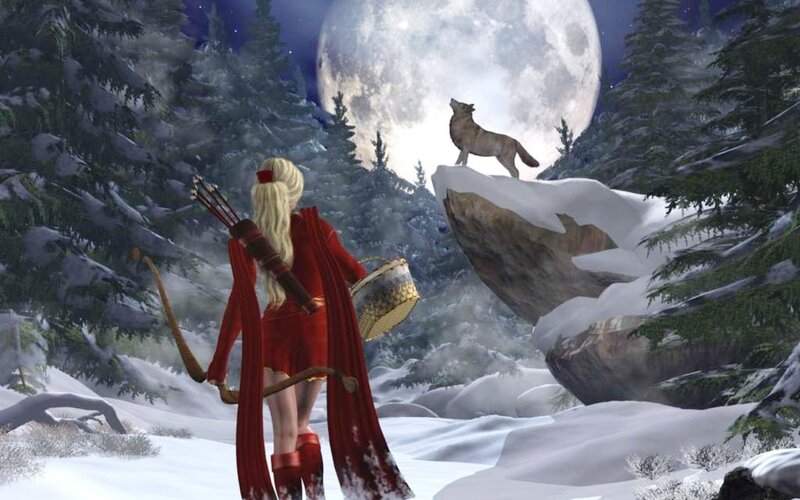 Woman with Bow in Forest — Red