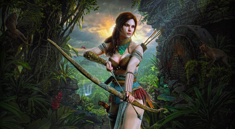 Woman with Bow in Jungle — Green, Dramatic