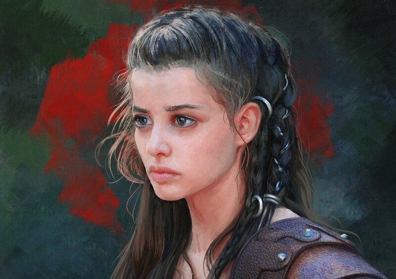Woman with Braided Hair — Black, Dramatic, Digital Art, Braids, Shoulder Armor