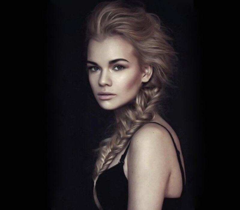 Woman with Braided Hair — Black, Dramatic, Photograph, Black Top