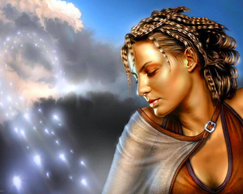 Woman with Braided Hair — Blue, Dramatic, Digital Art, Clouds