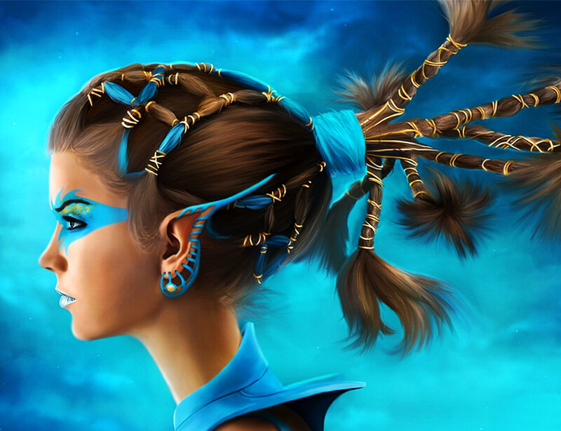 Woman with Braided Hair — Blue, Dramatic, Digital Art
