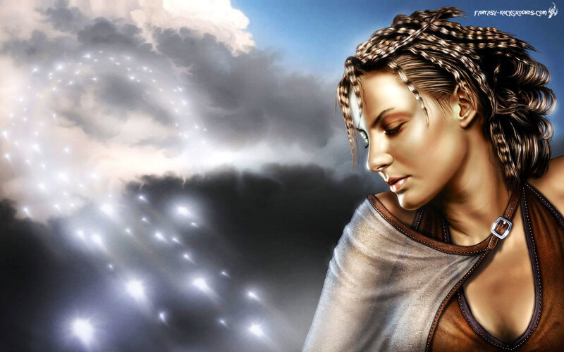 Woman with Braided Hair — Blue, Dramatic, Night, Digital Art, Clouds