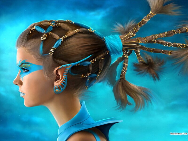 Woman with Braided Hair — Blue, Serene, Digital Art, Blue Makeup