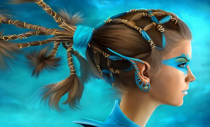 Woman with Braided Hair — Blue, Serene, Digital Art, Face Paint