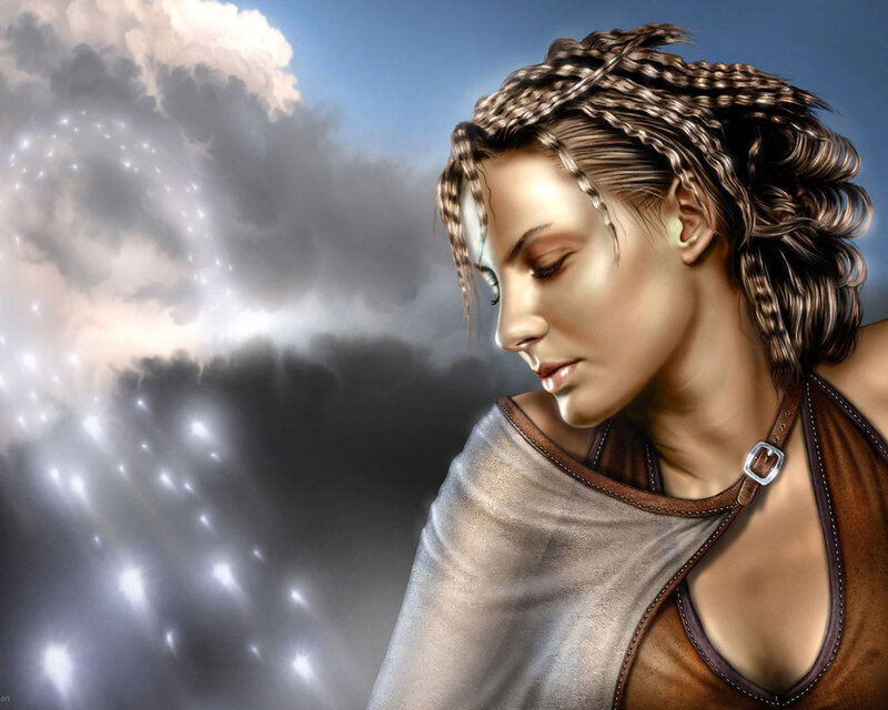 Woman with Braided Hair — Brown, Dramatic, Digital Art, Clouds, Lightning